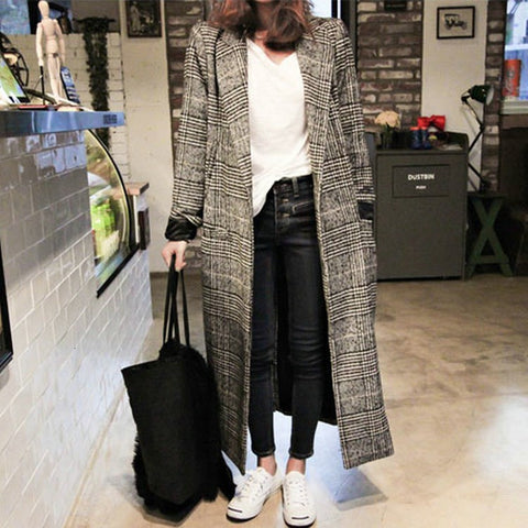 Winter Autumn Elegant Women Korean Office Lady Long Plaid Coat Loose Oversized Warm Wool Blends Overcoat Casual OL Trench Coat - THE PLACE TO BE !!