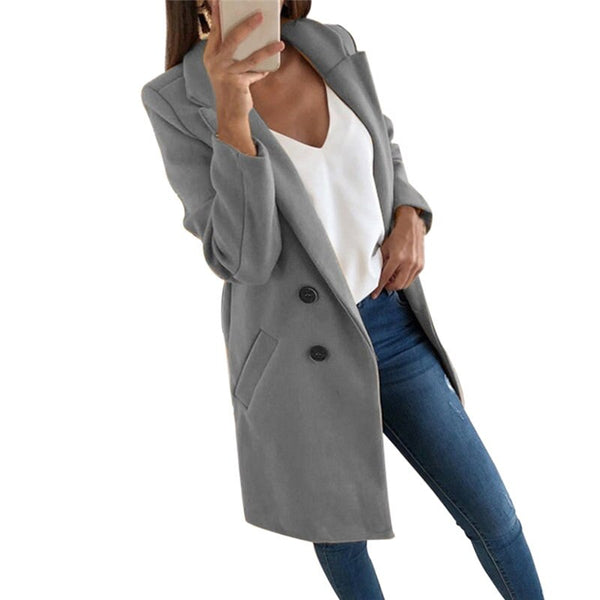 New Autumn and Winter Woolen Women's Coat Solid Long Sleeve Double-breasted Long Section Casual Wool Jacket For Elegant Ladies
