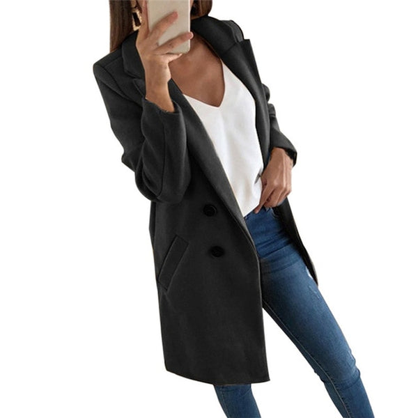 New Autumn and Winter Woolen Women's Coat Solid Long Sleeve Double-breasted Long Section Casual Wool Jacket For Elegant Ladies