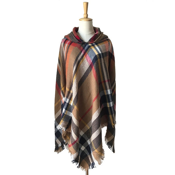 New Woman keep warm Solid Color Hooded Cape Poncho  Winter Collar Knitted Sweater Outdoor Wear Tassel  Coat For  fashion Female