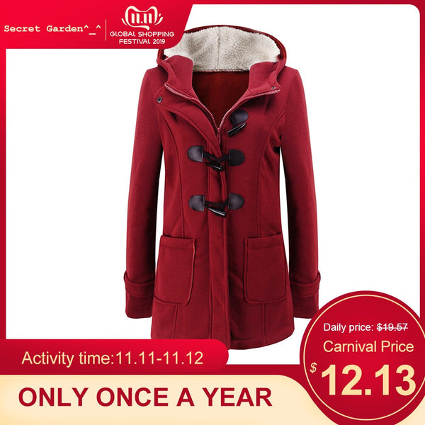 Fashion Hooded Women Coat Pure Buckle Zipper Front Plus Size Jacket Autumn Thin Duffle Coat Women Casual Slim Long Parka Outwear