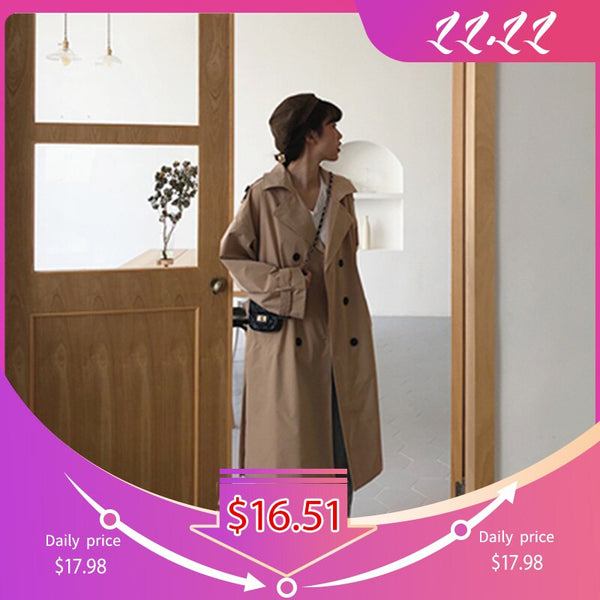 Autumn Winter Women's Coat Khaki Belt Long Trench Turn-Down Collar Double Breasted Female Casual Office Lady Outwear