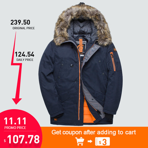 TIGER FORCE Winter Jacket Men Padded Parka Russia Man Winter Coat Artificial Fur Big Pockets Medium-long Thick Parkas Snowjacket