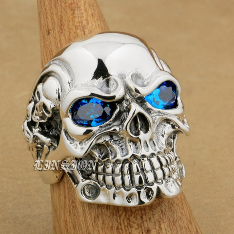 US Size 8~15 Blue CZ Stone Eyes Solid 925 Sterling Silver Titan Skull Mens Biker Rock Punk Ring 8V305 - THE PLACE TO BE !!