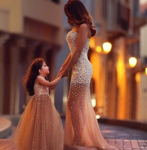 Mother Daughter Wedding Dresses Girls golden Diamond Drill Dress Show Piano Performance  Parent-child Evening Dress Host clothes