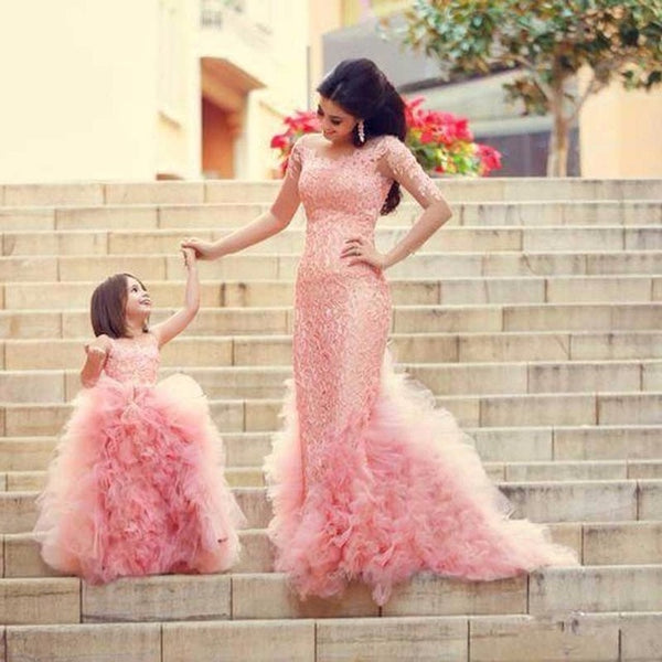 Mother Mom and Daughter Dresses Wedding  Family Look Set Mommy and Me Dress Flower Girl Pink Evening Mermaid Dress for Party