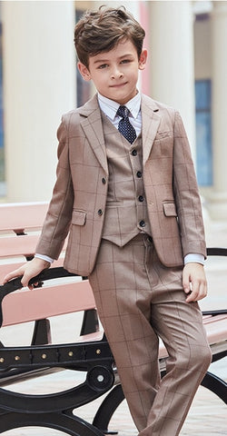 3 Pieces Fashionable Family Clothing Brown Plaid Father And Son Clothes Daddy Matching Outfits Papa Suit Vest Pants Fashion Show