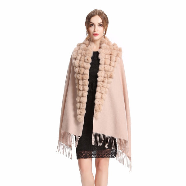 ZY87001 Fashion Womens Autumn Winter Wool With Rabbit Fur Pompon Warm Tassel Shawl Scarf Wrap 25 Colors Shipping Free