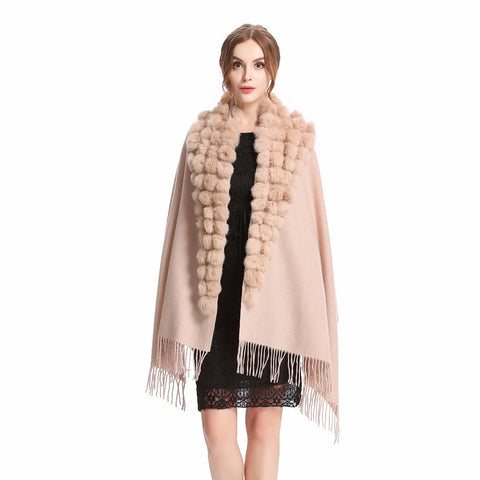 ZY87001 Fashion Womens Autumn Winter Wool With Rabbit Fur Pompon Warm Tassel Shawl Scarf Wrap 25 Colors Shipping Free - THE PLACE TO BE !!