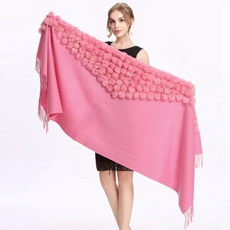ZY87001 Fashion Womens Autumn Winter Wool With Rabbit Fur Pompon Warm Tassel Shawl Scarf Wrap 25 Colors Shipping Free