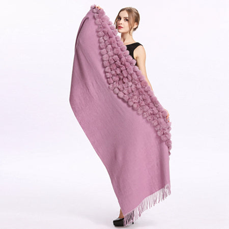 ZY87001 Fashion Womens Autumn Winter Wool With Rabbit Fur Pompon Warm Tassel Shawl Scarf Wrap 25 Colors Shipping Free