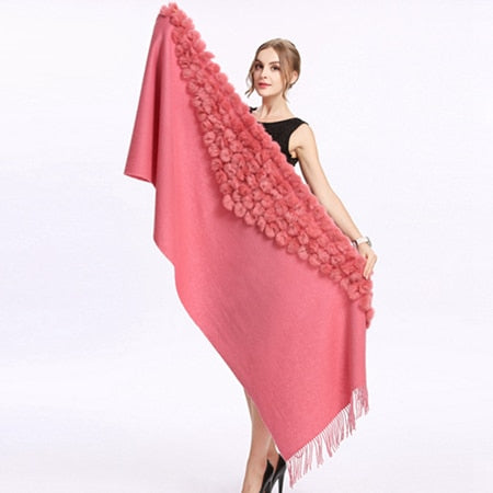 ZY87001 Fashion Womens Autumn Winter Wool With Rabbit Fur Pompon Warm Tassel Shawl Scarf Wrap 25 Colors Shipping Free