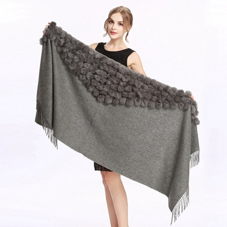 ZY87001 Fashion Womens Autumn Winter Wool With Rabbit Fur Pompon Warm Tassel Shawl Scarf Wrap 25 Colors Shipping Free