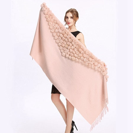 ZY87001 Fashion Womens Autumn Winter Wool With Rabbit Fur Pompon Warm Tassel Shawl Scarf Wrap 25 Colors Shipping Free