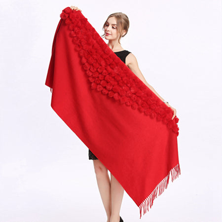 ZY87001 Fashion Womens Autumn Winter Wool With Rabbit Fur Pompon Warm Tassel Shawl Scarf Wrap 25 Colors Shipping Free