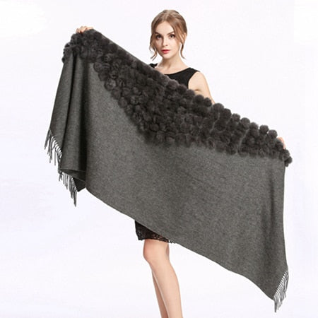 ZY87001 Fashion Womens Autumn Winter Wool With Rabbit Fur Pompon Warm Tassel Shawl Scarf Wrap 25 Colors Shipping Free
