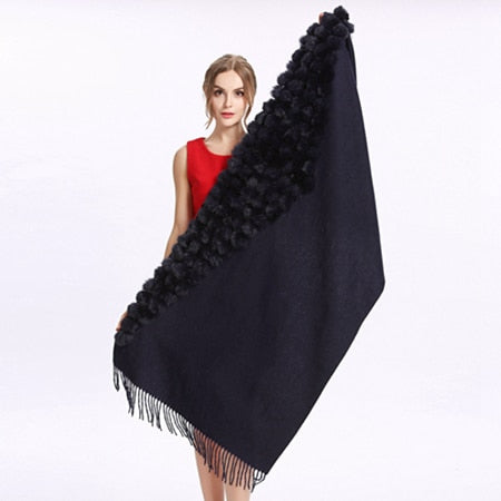 ZY87001 Fashion Womens Autumn Winter Wool With Rabbit Fur Pompon Warm Tassel Shawl Scarf Wrap 25 Colors Shipping Free