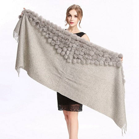 ZY87001 Fashion Womens Autumn Winter Wool With Rabbit Fur Pompon Warm Tassel Shawl Scarf Wrap 25 Colors Shipping Free