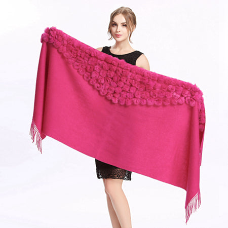 ZY87001 Fashion Womens Autumn Winter Wool With Rabbit Fur Pompon Warm Tassel Shawl Scarf Wrap 25 Colors Shipping Free