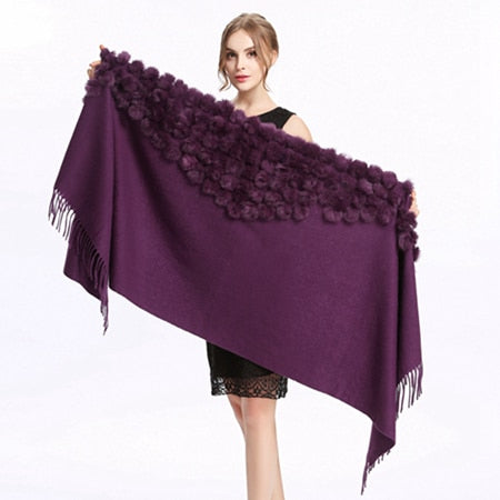 ZY87001 Fashion Womens Autumn Winter Wool With Rabbit Fur Pompon Warm Tassel Shawl Scarf Wrap 25 Colors Shipping Free