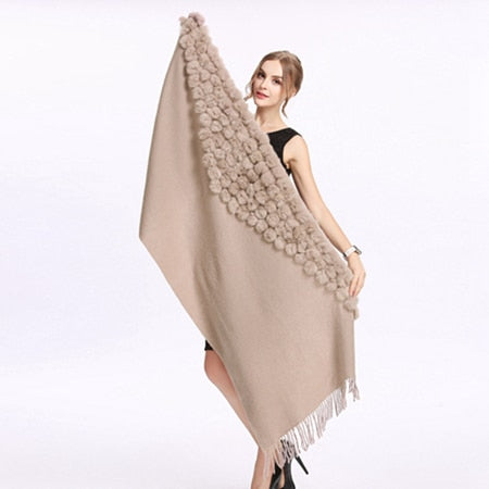 ZY87001 Fashion Womens Autumn Winter Wool With Rabbit Fur Pompon Warm Tassel Shawl Scarf Wrap 25 Colors Shipping Free