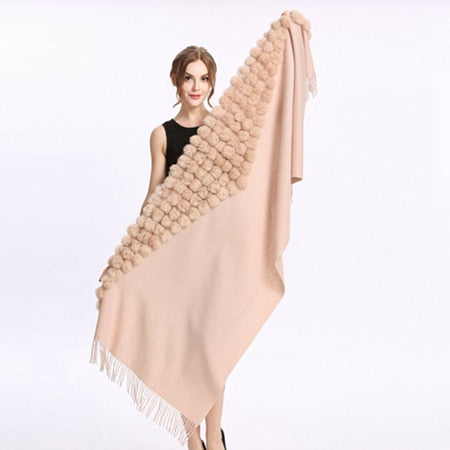 ZY87001 Fashion Womens Autumn Winter Wool With Rabbit Fur Pompon Warm Tassel Shawl Scarf Wrap 25 Colors Shipping Free