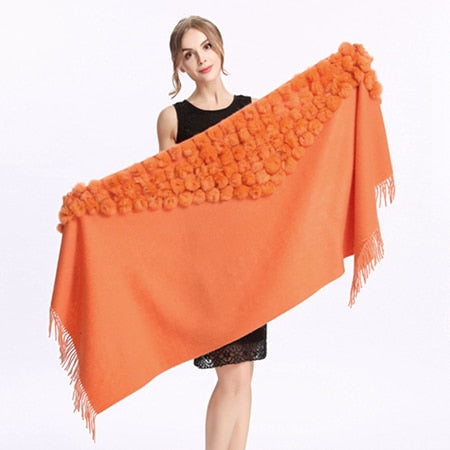ZY87001 Fashion Womens Autumn Winter Wool With Rabbit Fur Pompon Warm Tassel Shawl Scarf Wrap 25 Colors Shipping Free