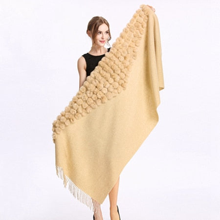 ZY87001 Fashion Womens Autumn Winter Wool With Rabbit Fur Pompon Warm Tassel Shawl Scarf Wrap 25 Colors Shipping Free
