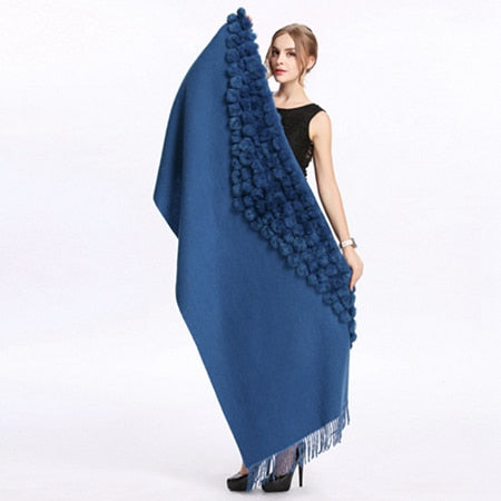 ZY87001 Fashion Womens Autumn Winter Wool With Rabbit Fur Pompon Warm Tassel Shawl Scarf Wrap 25 Colors Shipping Free