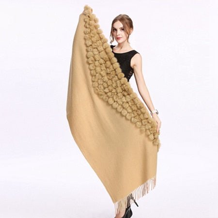 ZY87001 Fashion Womens Autumn Winter Wool With Rabbit Fur Pompon Warm Tassel Shawl Scarf Wrap 25 Colors Shipping Free