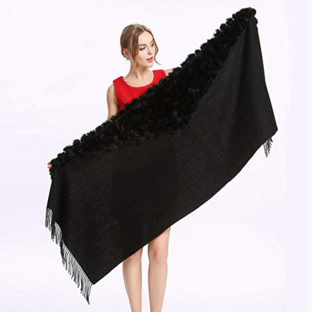 ZY87001 Fashion Womens Autumn Winter Wool With Rabbit Fur Pompon Warm Tassel Shawl Scarf Wrap 25 Colors Shipping Free