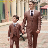 3 Pieces Fashionable Family Clothing Brown Plaid Father And Son Clothes Daddy Matching Outfits Papa Suit Vest Pants Fashion Show - THE PLACE TO BE !!