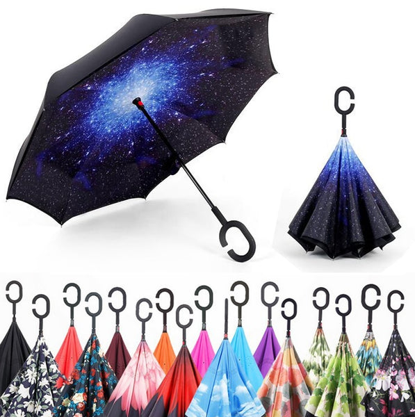 Windproof Reverse Folding Double Layer Inverted Umbrella Self Stand umbrella rain/sun women/men high quality 2018 flowe durable