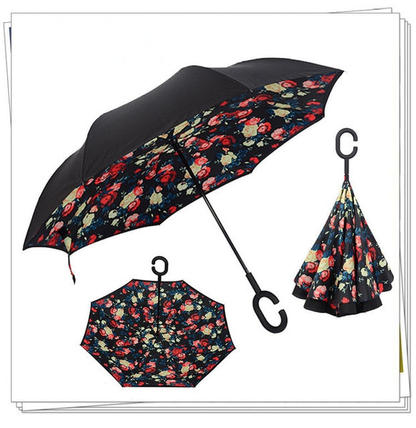 Windproof Reverse Folding Double Layer Inverted Umbrella Self Stand umbrella rain/sun women/men high quality 2018 flowe durable