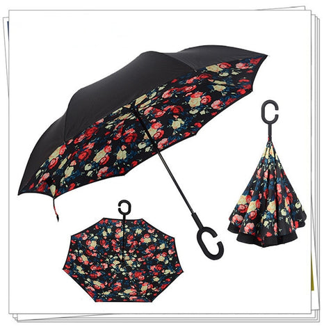 Windproof Reverse Folding Double Layer Inverted Umbrella Self Stand umbrella rain/sun women/men high quality 2018 flowe durable