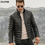 FLAVOR Men's Real Leather Down Jacket Men Genuine Lambskin Winter Warm Leather Coat with Removable Standing Sheep Fur Collar
