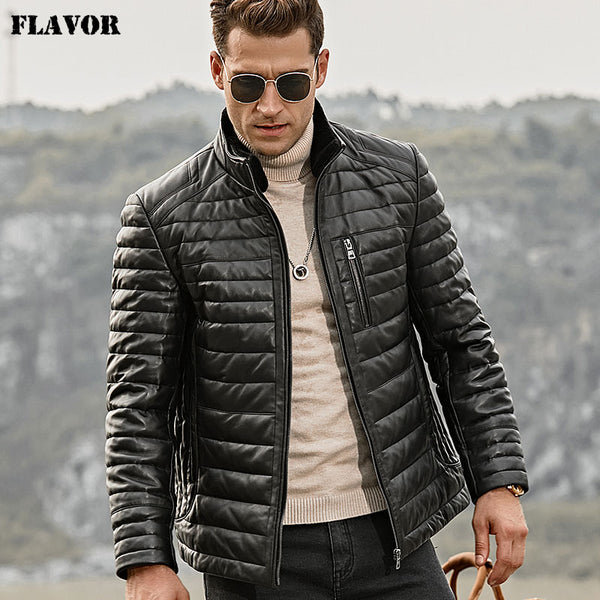 FLAVOR Men's Real Leather Down Jacket Men Genuine Lambskin Winter Warm Leather Coat with Removable Standing Sheep Fur Collar