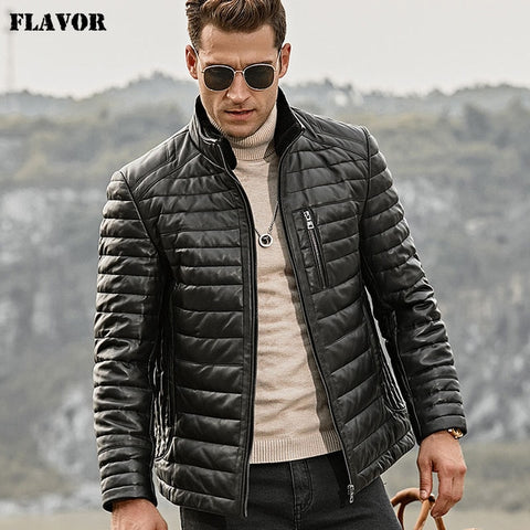 FLAVOR Men's Real Leather Down Jacket Men Genuine Lambskin Winter Warm Leather Coat with Removable Standing Sheep Fur Collar