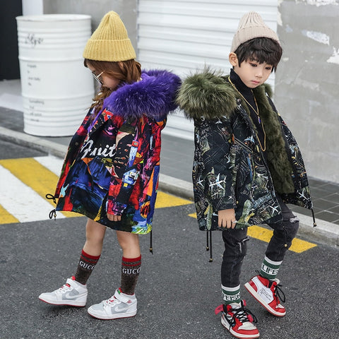 Girls Boys Real Fur Parka Graffiti Winter Warm Jacket Children Clothes Natural Raccoon Fur Hood Coat Real Rabbit Fur liner TZ373 - THE PLACE TO BE !!