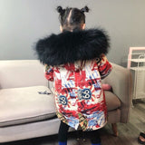 Girls Boys Real Fur Parka Graffiti Winter Warm Jacket Children Clothes Natural Raccoon Fur Hood Coat Real Rabbit Fur liner TZ373 - THE PLACE TO BE !!
