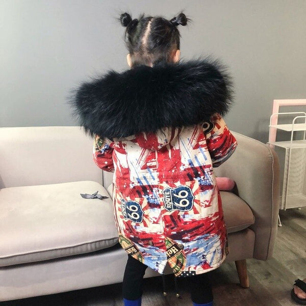 Girls Boys Real Fur Parka Graffiti Winter Warm Jacket Children Clothes Natural Raccoon Fur Hood Coat Real Rabbit Fur liner TZ373
