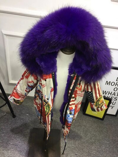 Girls Boys Real Fur Parka Graffiti Winter Warm Jacket Children Clothes Natural Raccoon Fur Hood Coat Real Rabbit Fur liner TZ373