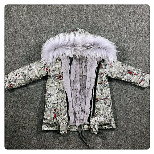 Girls Boys Real Fur Parka Graffiti Winter Warm Jacket Children Clothes Natural Raccoon Fur Hood Coat Real Rabbit Fur liner TZ373