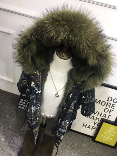 Girls Boys Real Fur Parka Graffiti Winter Warm Jacket Children Clothes Natural Raccoon Fur Hood Coat Real Rabbit Fur liner TZ373