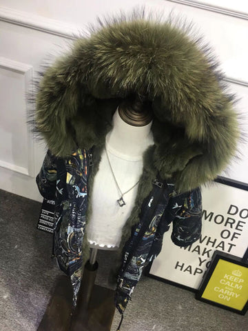 Girls Boys Real Fur Parka Graffiti Winter Warm Jacket Children Clothes Natural Raccoon Fur Hood Coat Real Rabbit Fur liner TZ373
