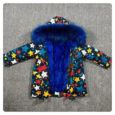 Girls Boys Real Fur Parka Graffiti Winter Warm Jacket Children Clothes Natural Raccoon Fur Hood Coat Real Rabbit Fur liner TZ373