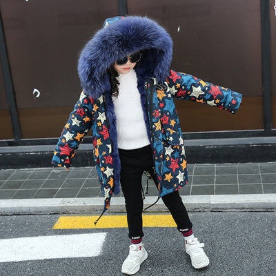 Girls Boys Real Fur Parka Graffiti Winter Warm Jacket Children Clothes Natural Raccoon Fur Hood Coat Real Rabbit Fur liner TZ373