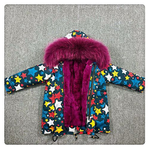 Girls Boys Real Fur Parka Graffiti Winter Warm Jacket Children Clothes Natural Raccoon Fur Hood Coat Real Rabbit Fur liner TZ373