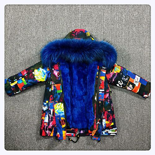 Girls Boys Real Fur Parka Graffiti Winter Warm Jacket Children Clothes Natural Raccoon Fur Hood Coat Real Rabbit Fur liner TZ373