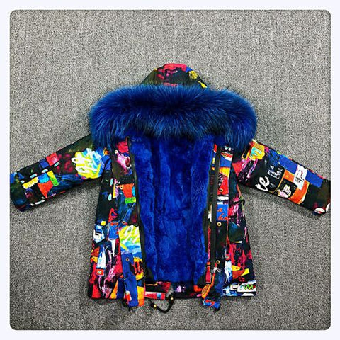 Girls Boys Real Fur Parka Graffiti Winter Warm Jacket Children Clothes Natural Raccoon Fur Hood Coat Real Rabbit Fur liner TZ373